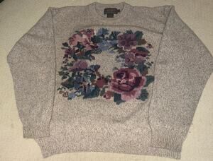 Vintage 90s Eddie Bauer Floral Wreath Wool Blend Sweater Brown M/L Cottagecore
